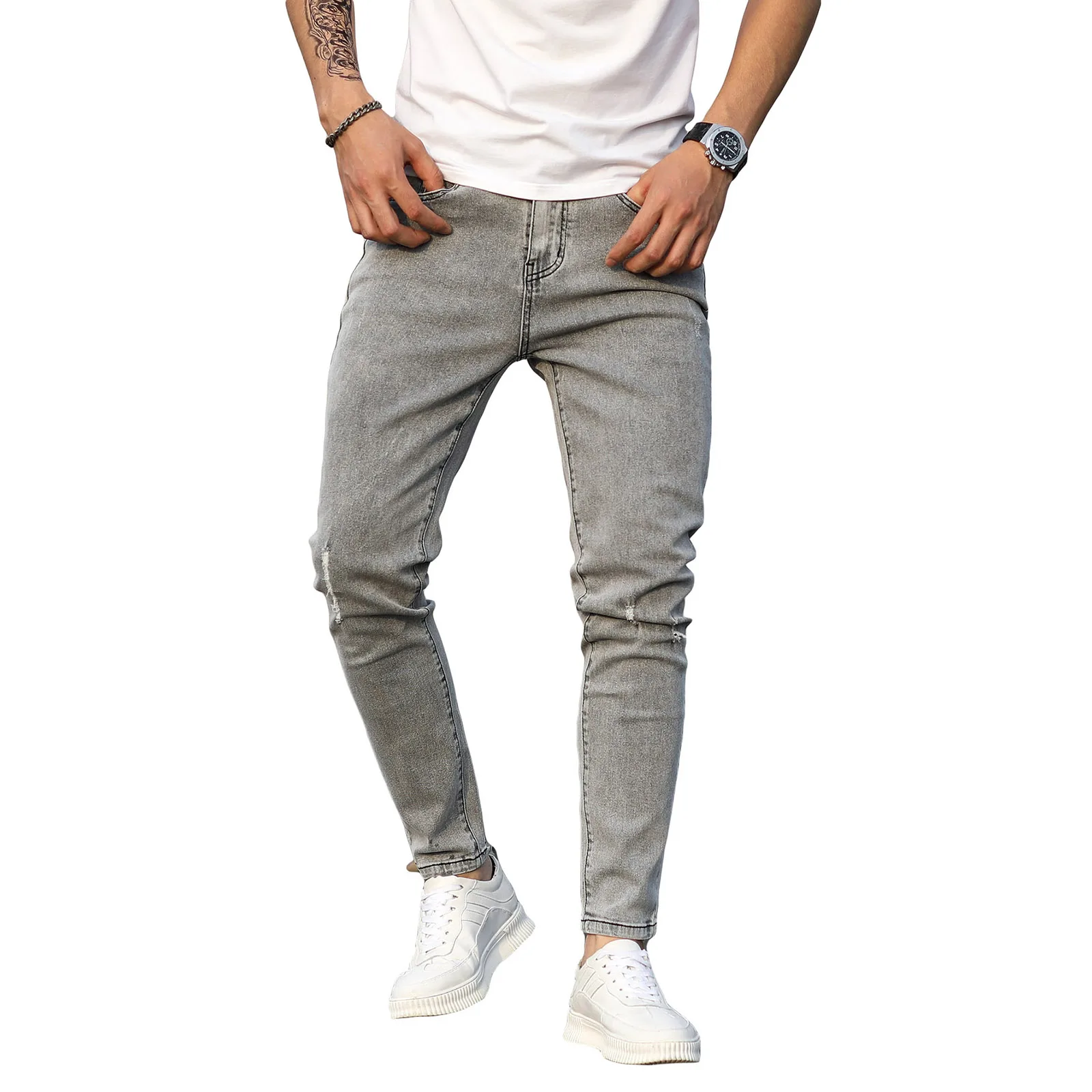 

Men's Skinny Ripped Denim Pants, Mid Rise Tapered Leg Washed Distressed Stretch Jeans
