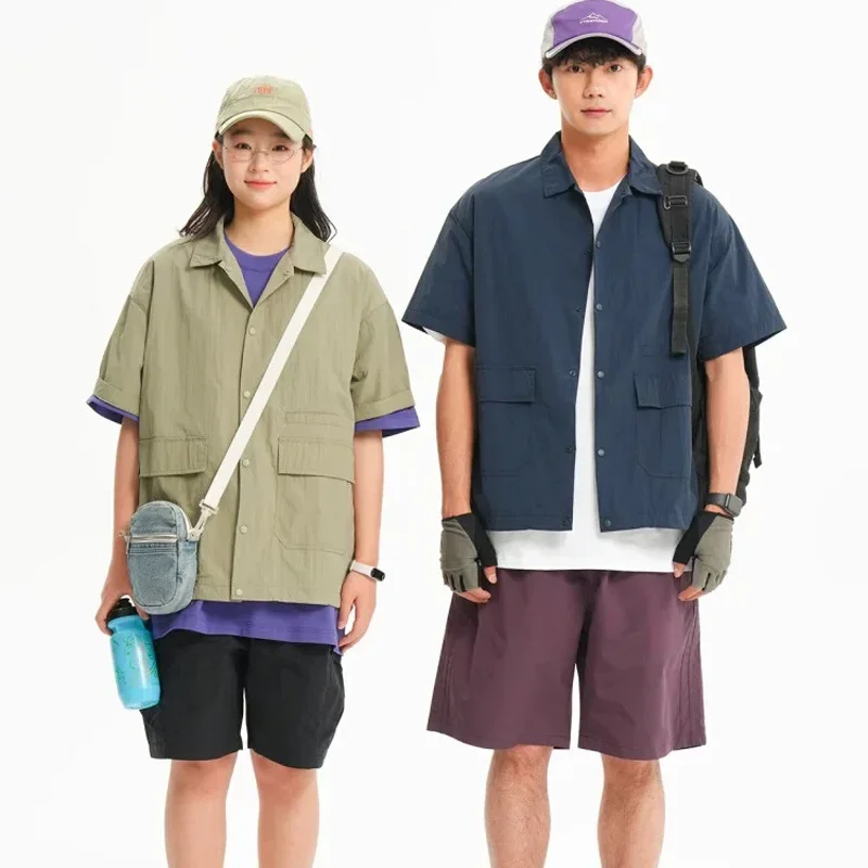 Фото Мужская и женская летняя японская уличная одежда Cityboy, модная свободная повседневная рубашка-карго с короткими рукавами, уличная техническая одежда, рубашки, блузки №1
