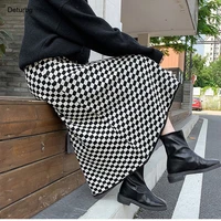 womens checkerboard pattern knitted skirt korean fashion female high waist black white warm midi a line skirts 2022 spring k19