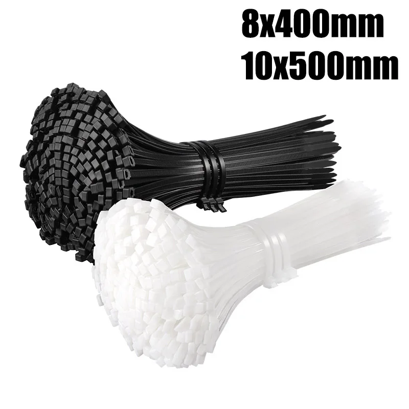 

10/5/1pc 8x400mm 10x500mm Black/White Self-locking Plastic Nylon Tie Cable Tie Fastening Ring Cable Tie Zip Wrap Strap Nylon Tie