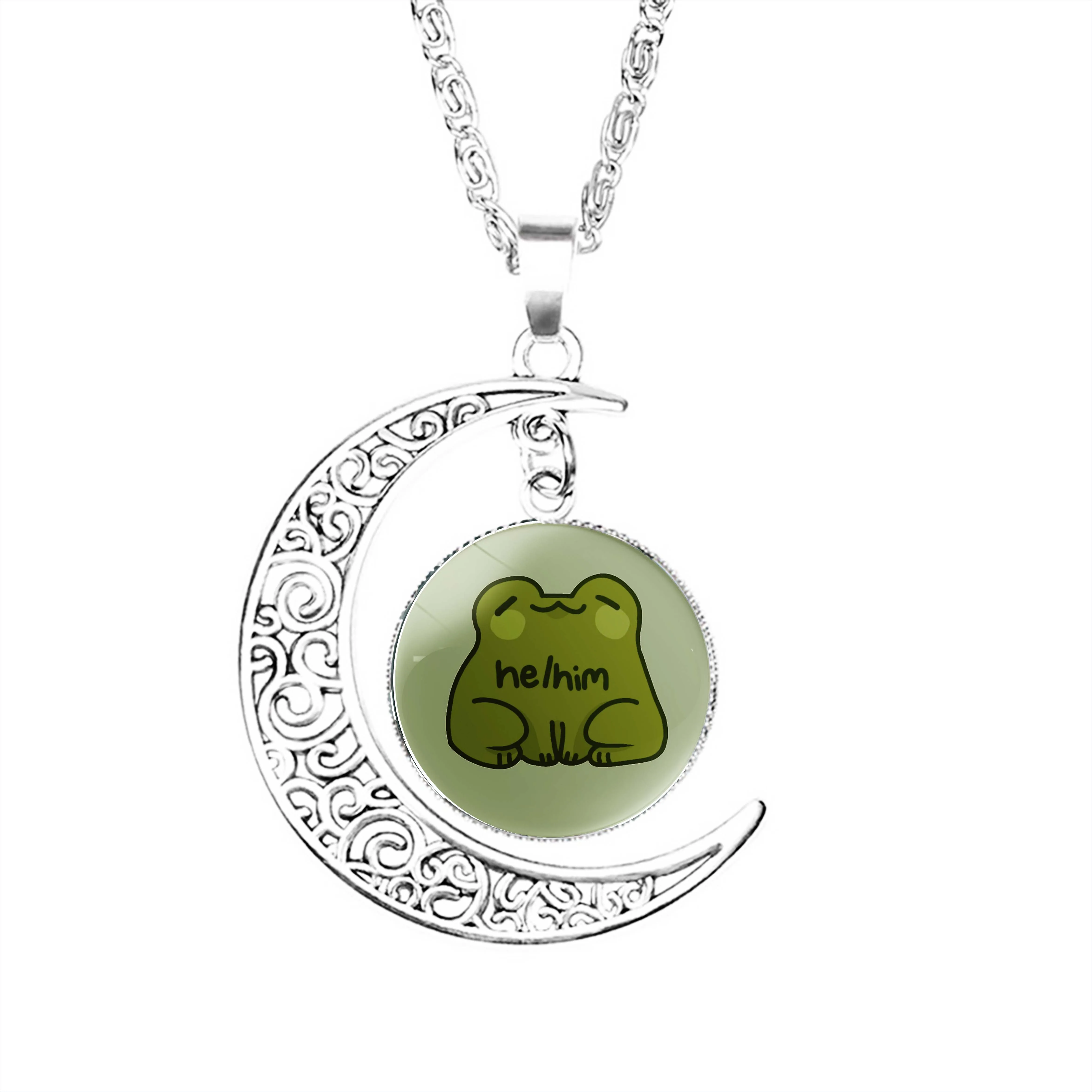 

He Him Frog Pronouns Moon Necklace Jewelry Chain Dome Glass Gifts Pendant Jewelry Stainless Steel Fashion Boy Lovers Girls