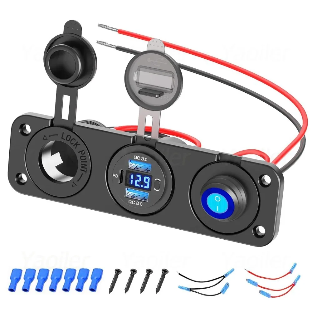 

12V USB-розетка Marine Switch Panel PD и два порта QC3.0 Автомобильное зарядное устройство с вольтметром и тумблером для автомобиля, грузовика, лодки, автофургона
