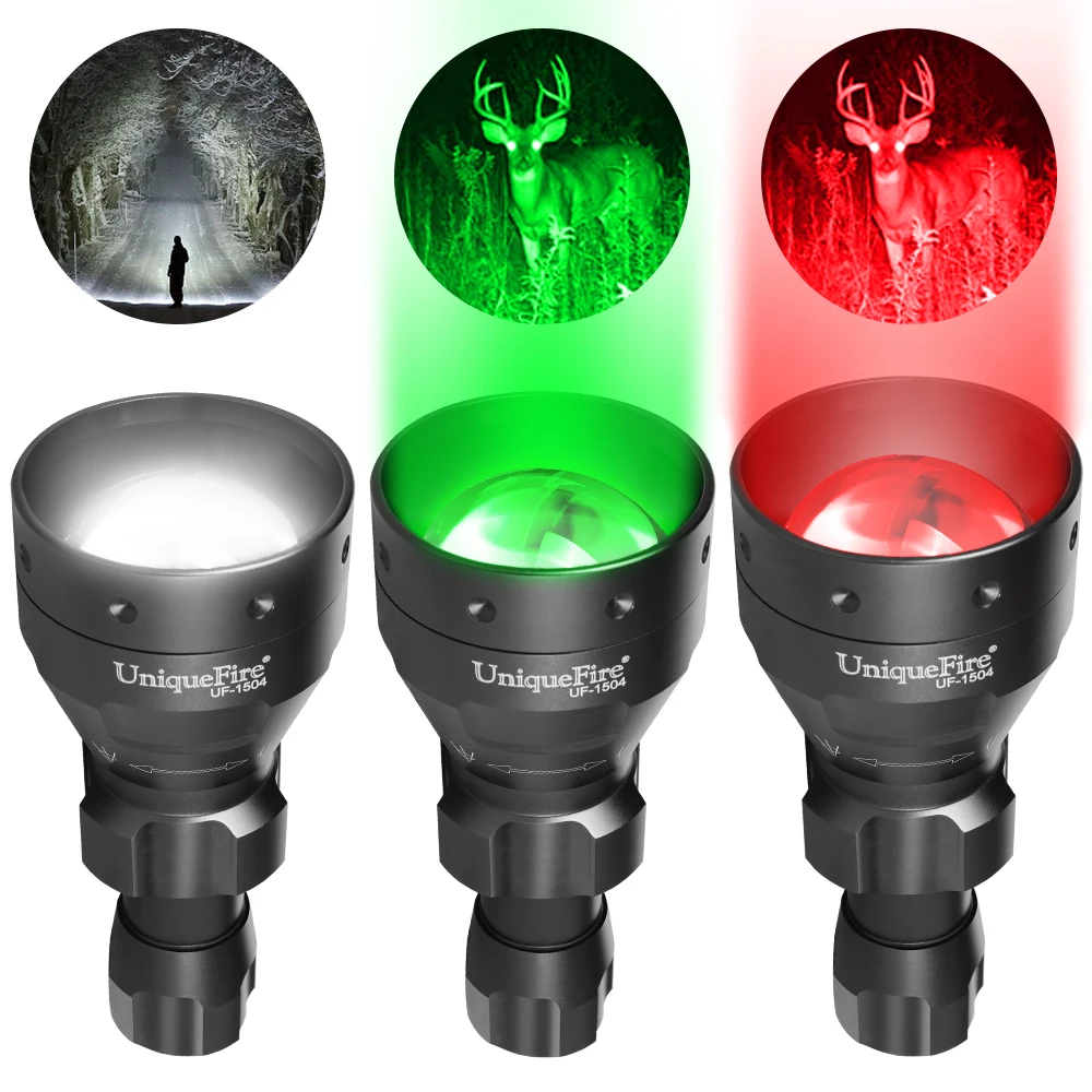 

UniqueFire 1504 XRE LED Flashlight Green/Red/White Light 3 Modes Zoomable Tail Cap Switch Black Torch for Night Fishing Camping