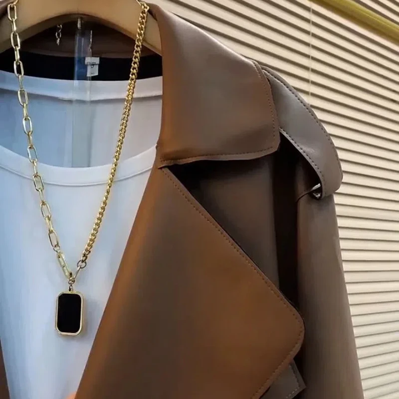 Весенне-осенняя однотонная модная кожаная одежда с отложным воротником и