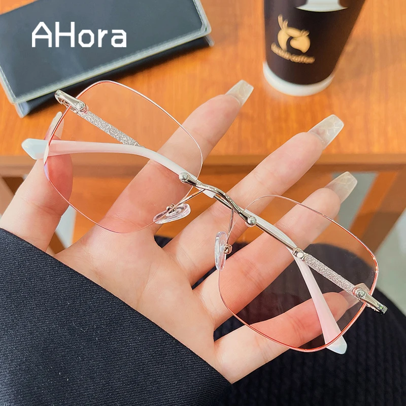 

Ahora Rimless Blush Gradient Color Reading Glasses Frame for Women Men 2023 Fashion Blue-Light Spectacles Frames Luxury Oculos