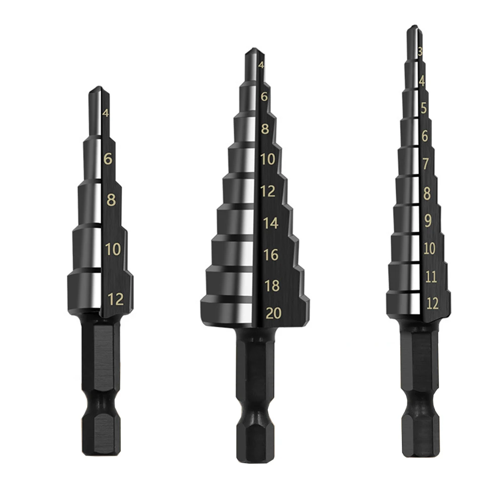 Hexagonal Shank Straight Groove Step Drill Bit 3-12mm 4-12mm 4-20mm Hole Cutter HSS Steel Black Step Drill Bits For Engineering