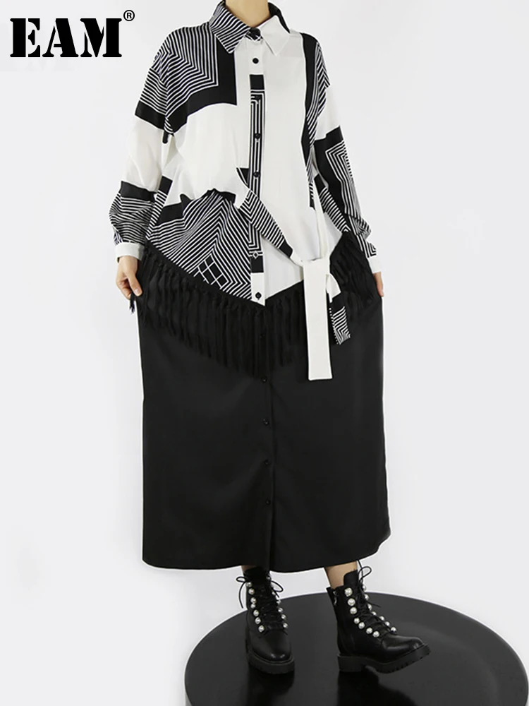 

[EAM] Women White Pattern Print Big Size Shirt Dress New Lapel Long Sleeve Loose Fit Fashion Tide Spring Autumn 2022 1DE4963