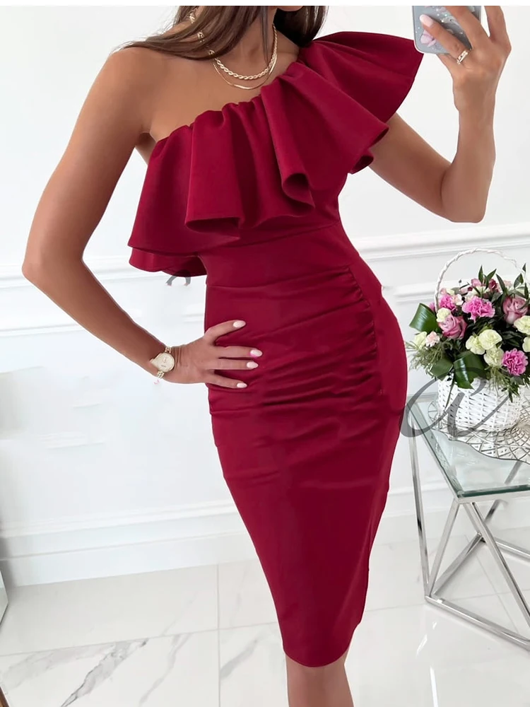 

Сексуальное женское платье с диагональным воротником, летнее модное повседневное Красное Облегающее Платье, Клубная одежда на бедрах, пляж...