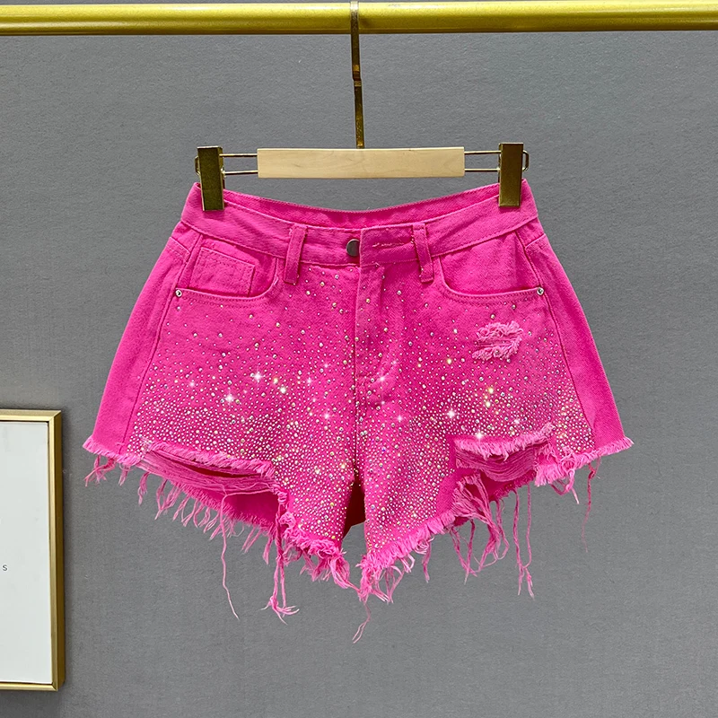 

Heavy Industry Ripped Denim Shorts Women 's Hot Pants 2022 New Summer Solid Color Hot Rhinestone Wide Leg Pants Woman Shorts