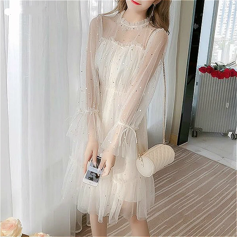 

Long Sleeve Dress Women Elegant Mesh Patchwork Chic Sequins Sweet Knee-Length Youth Girls Dresses Kawaii Summer Birthday Party