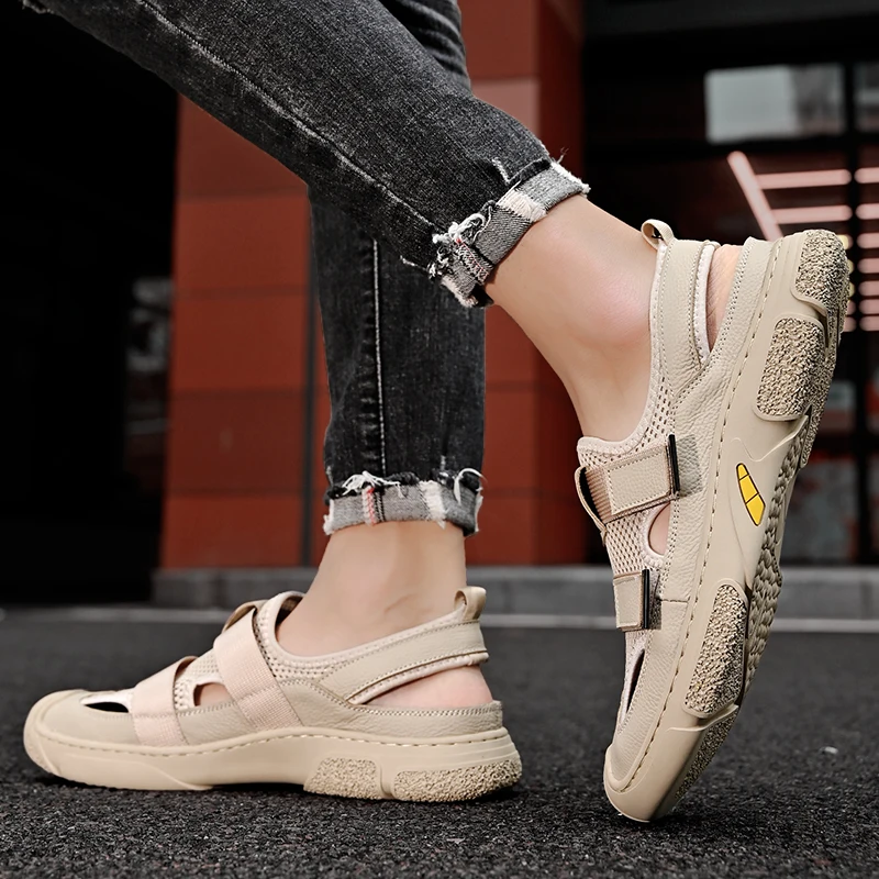 Сандалии мужские из воловьей кожи открытый носок пляжная обувь Открытый Стиль