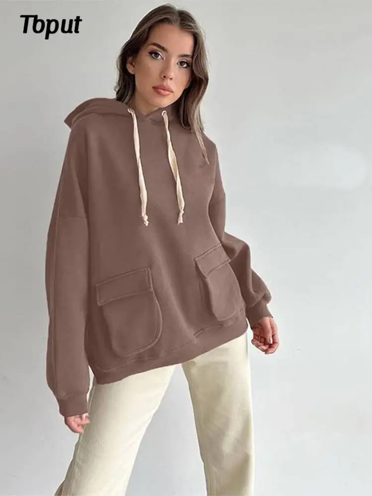 

Women Streetwear Solid Pocket Hoodies Female Long Sleeve Pullovers Hooded Sweatshirt Lady Autumn Winter Casual Loose Warm Top
