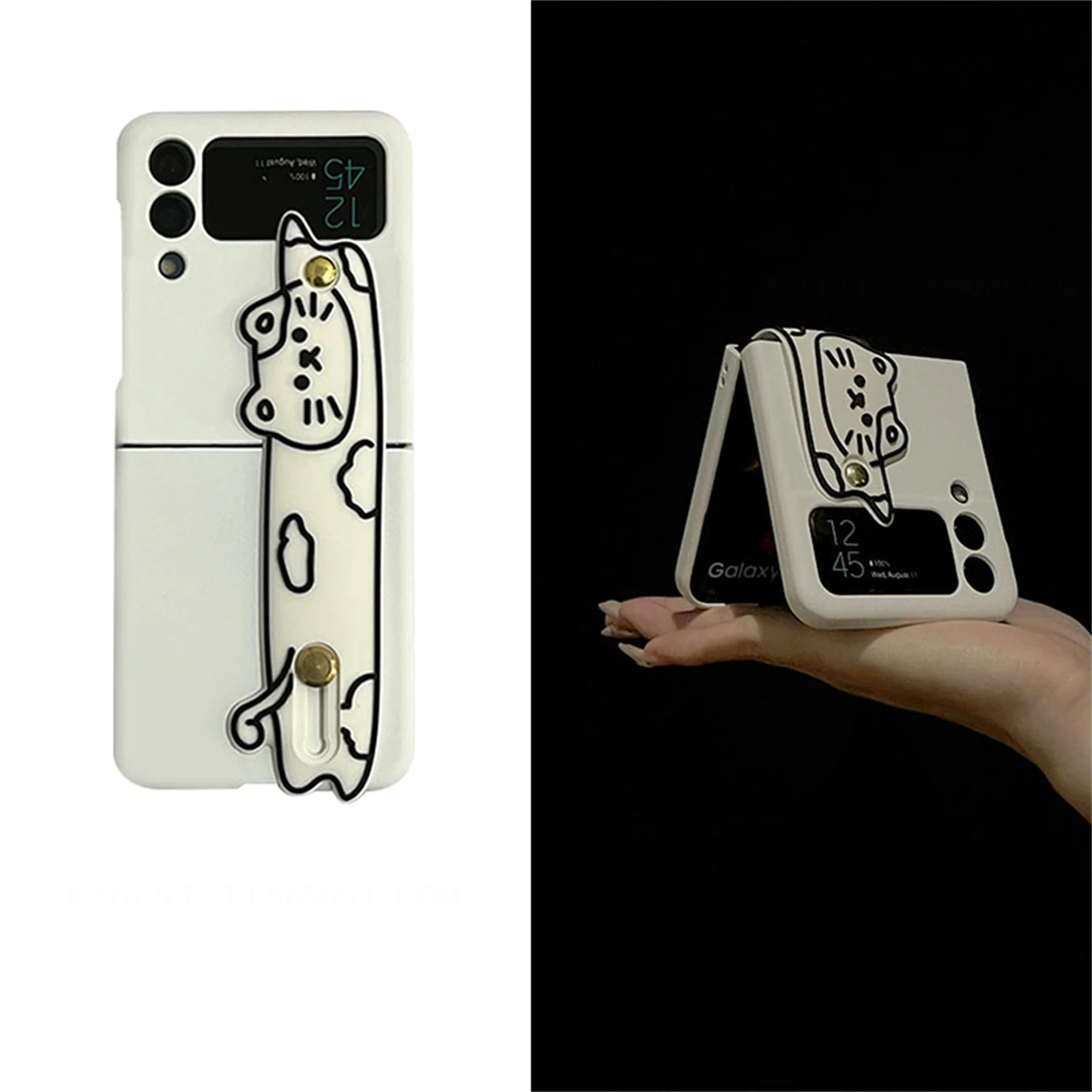 

Cute Korean Cat Cartoon Hand Strap Stand White Case for Galaxy Z Flip 4 5G Flip4 Z Flip4 Zflip3 Zflip4 Flip 4 Cover with Bracket
