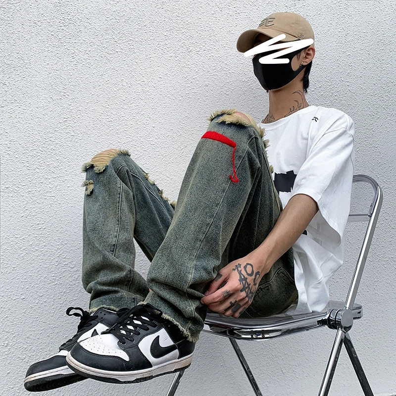 CHIPS Creative Design Men Harajuku Streetwear Hip Hop Hole Jeans Loose Vintage Straight Pants Casual Leg Distress Jeans Fashion