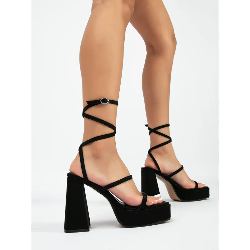 2023 New Trendy Summer High Heeled Sandals Sauare Ope Toe Shiny Women Sexy Party Club Dress Buckle Strap Shoes