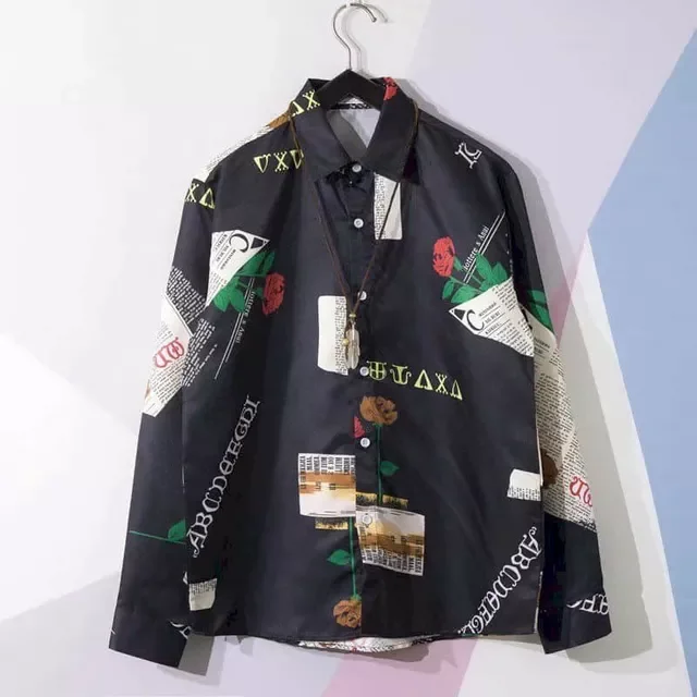 Новинка рубашка с газетами корейский тренд Мужская длинным рукавом Свободная