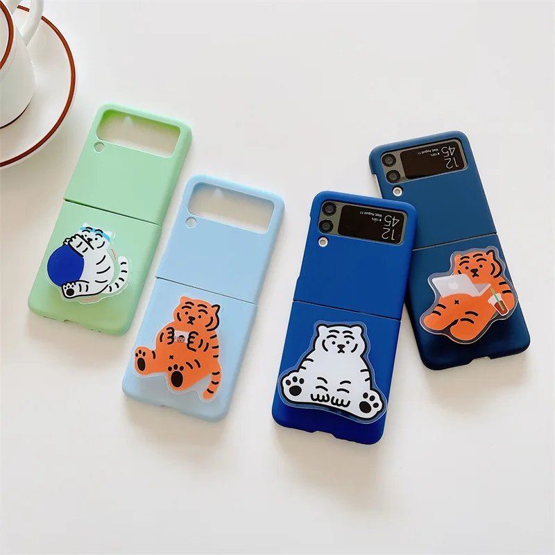 

Cartoon Tiger Phone Stand Pure Color Case for Samsung Galaxy Z Flip 3 5G PC Back Cover for ZFlip3 Protective Hard Case Shell