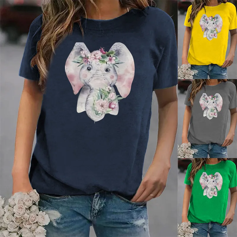 

Summer New Leisure Loose Elephant Pattern Printed Round Neck Short Sleeve Women's T-shirt