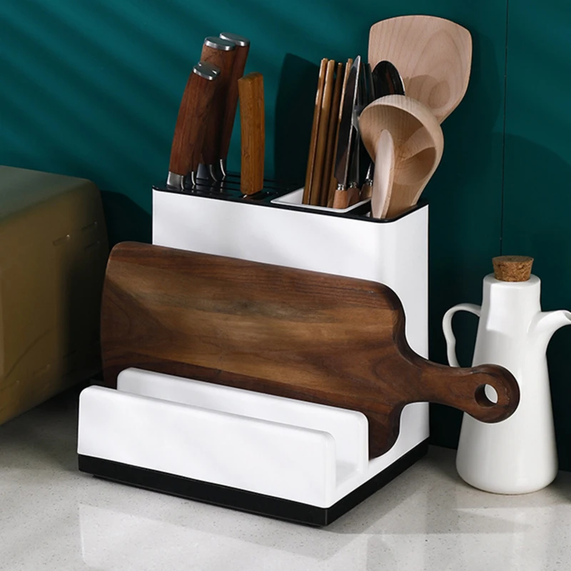 

Kitchen Utensil Holder Plastic Knife Block with Drainboard Tableware Cutting Board Storage Rack Shelf Kitchen Organizer