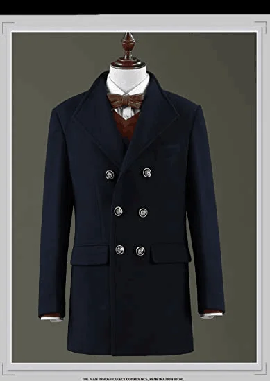 Autumn/Winter Coat Men Navy Blue Suit Jackets Formal Business Party Dress Groom Blazer Sets Double Breasted Woolen Overcoat