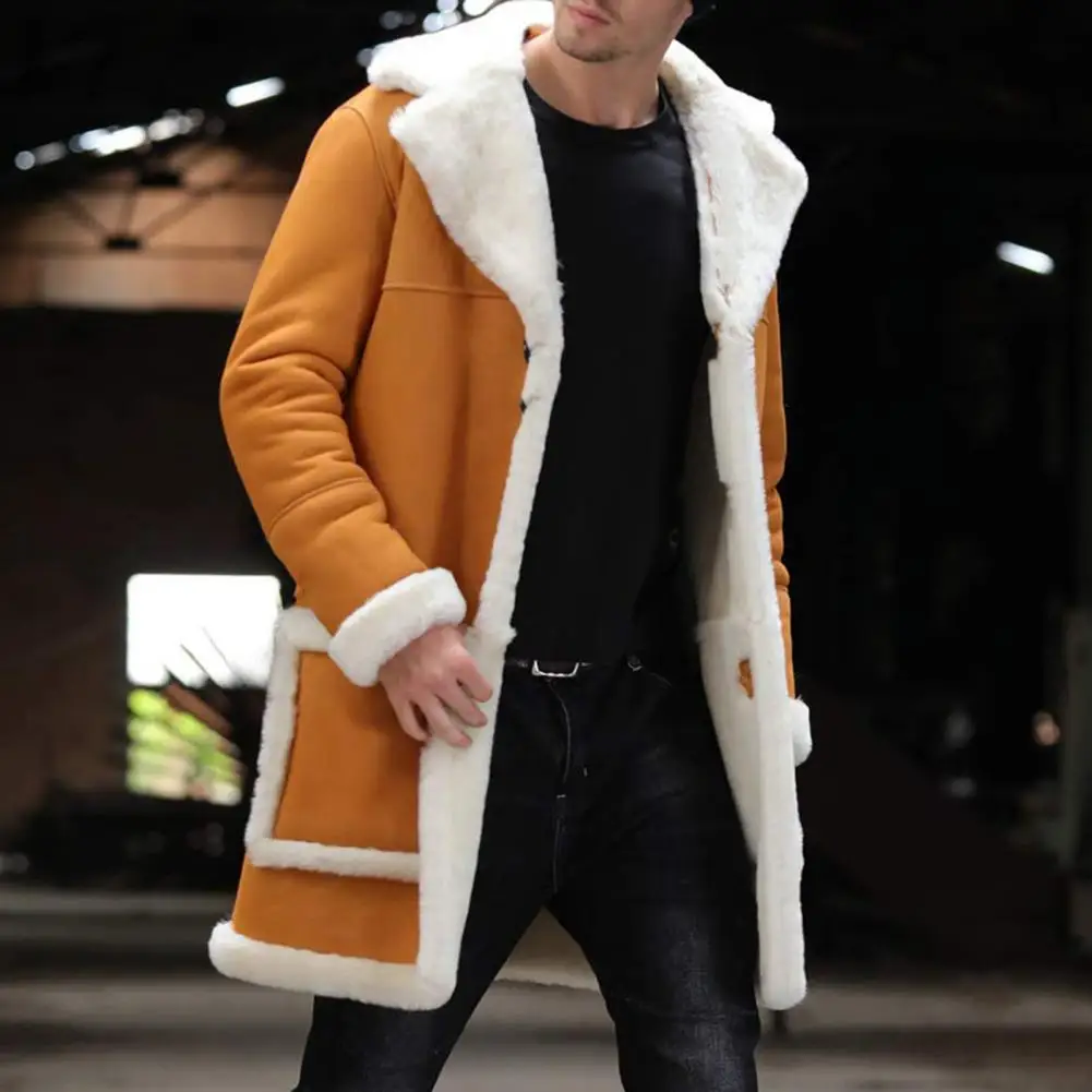 

Пальто средней длины, утепленная замшевая мужская куртка средней длины с плюшевой подкладкой и большими лацканами для осени и зимы, мужская верхняя одежда с карманами