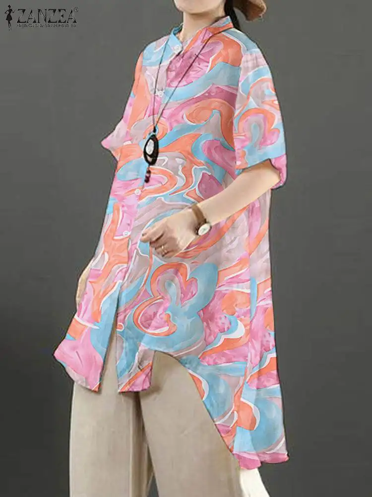 

ZANZEA Fashion Irregular Hem Long Shirts Women O Neck Sheer Blouses Summer Casual Chemise Half Sleeve High Low Ripple Print Tops