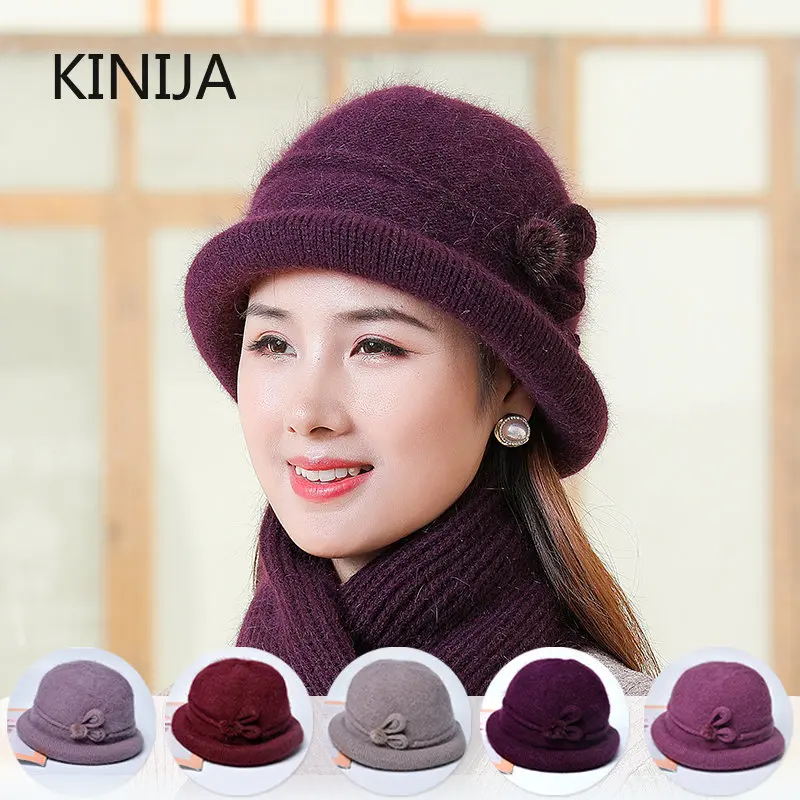 Women Rabbit Hair Knitted Hat Middle Aged Basin Cap Plush Knitting Wool Hat for Female Outdoor Cold Proof Warm Fashion Mom Hats