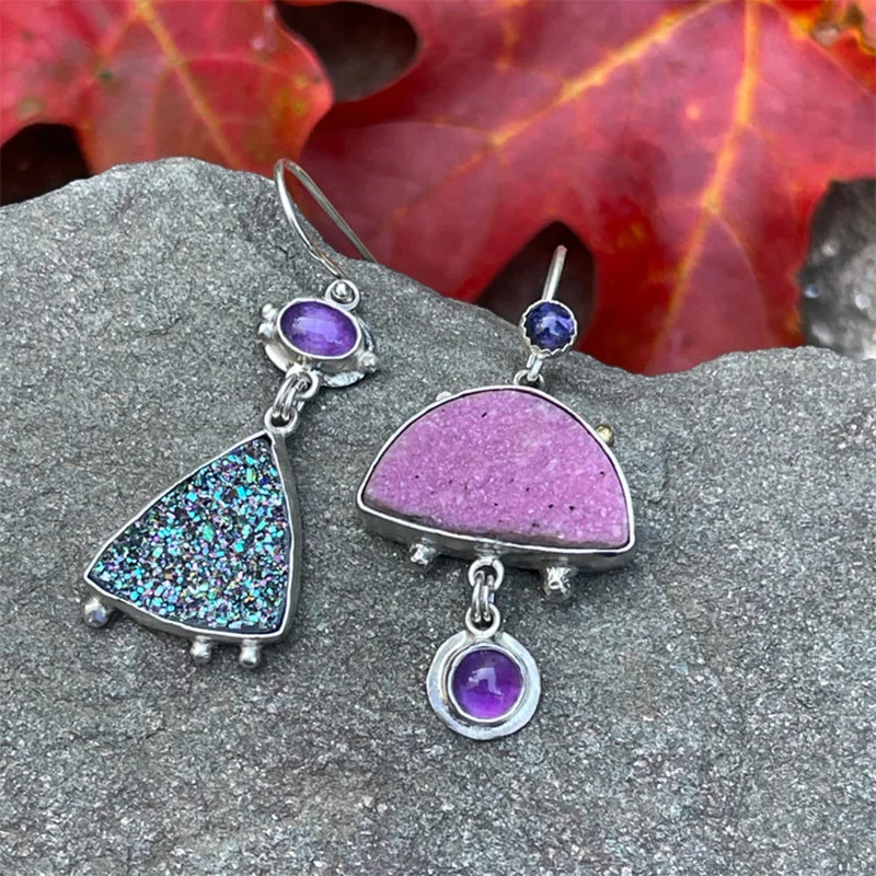 Элегантные Фиолетовые Блестящие Эмалированные Висячие Серьги С Камнями