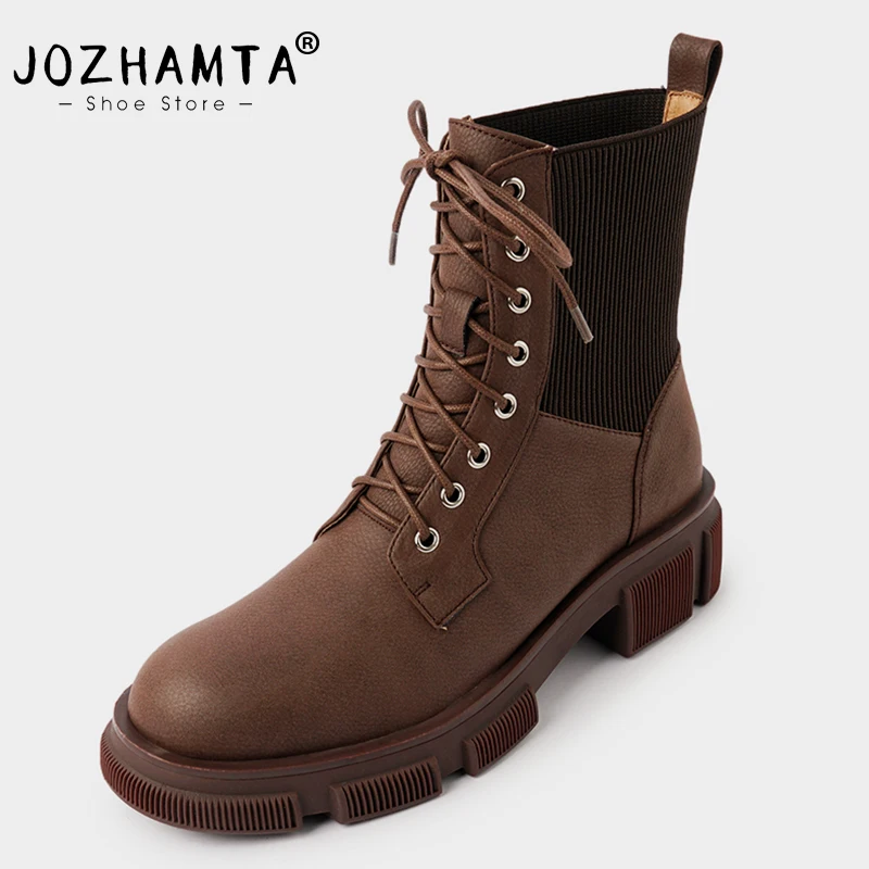 

Женские ботильоны из натуральной кожи JOZHAMTA, зимние ботинки на толстом среднем каблуке, на шнуровке, повседневные офисные Ботинки на платформе, размеры 34-39