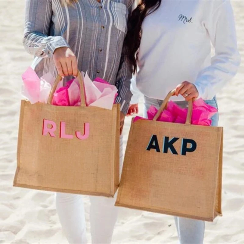

Personalize Monogram Jute Shopping Carryall Beach Tote Bags with Pool Bag Custom Name Pool Toiletry Bags Bridesmaid Gifts