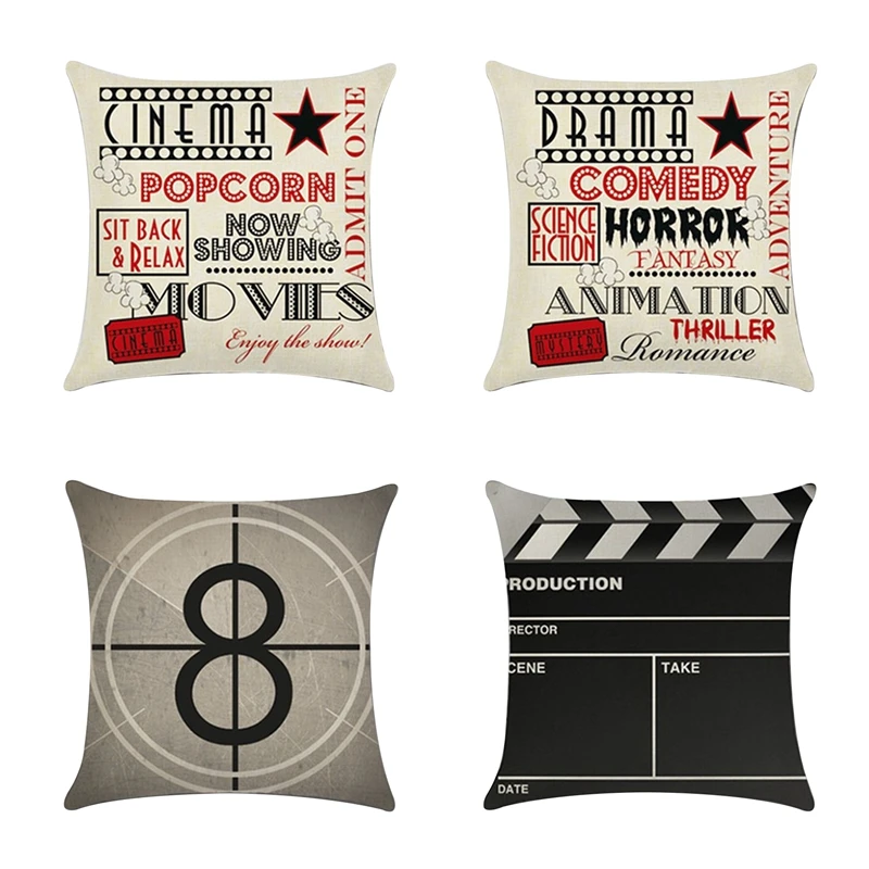 

LUDA 4 PCS Movie Theater Cinema Pillowcase Linen Pillow Cover Home Decor Square Cushion Cover Printing Pillow Case