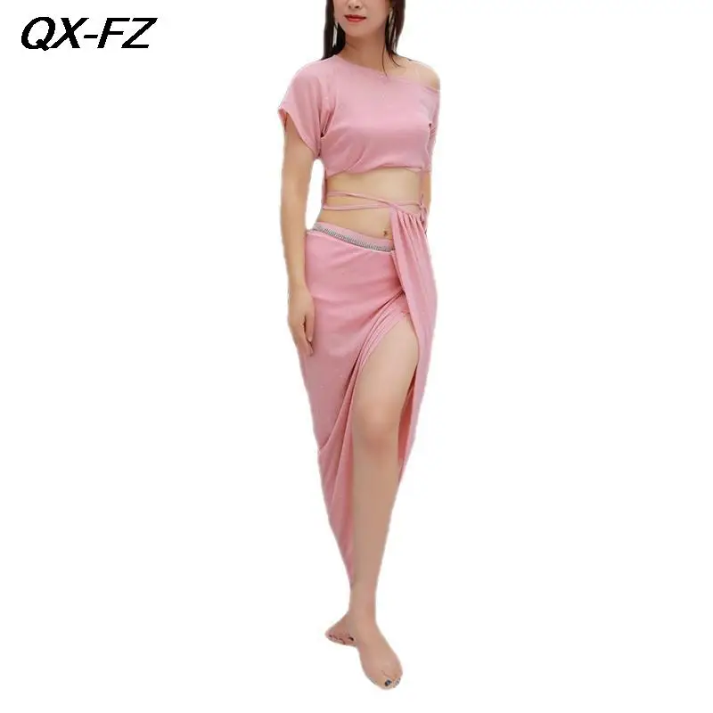 Элегантный женский танцевальный тренировочный костюм топ и юбка с разрезом для