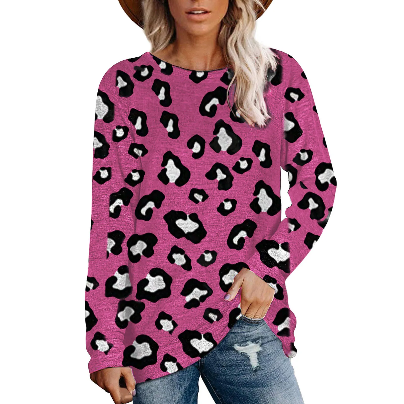 

Top Sleeve Women T Sweatshirt Blouse Shirt Tank Casual Long Leopard Printing V Neck Shirts for Women Loose Layering Tee Tunic