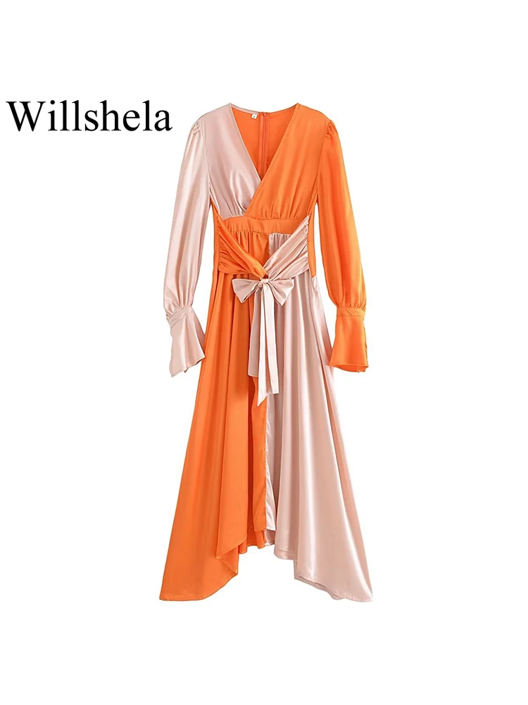 

Willshela Women Fashion Patchwork Midi Dress With Bow Vintage Long Sleeves V-Neck Back Zipper Female Dresses Lady Outfits