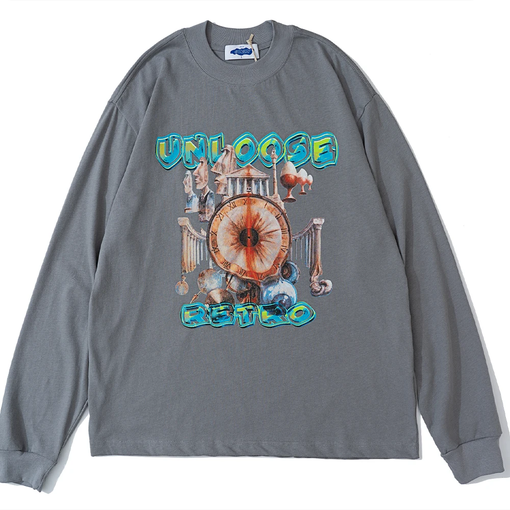 

Autumn Winter Men Oversize Tshirt Harajuku Long Sleeve Tops Clock Graphic T-shirt Cotton Fashion Casual Loose Streetwear T Shirt