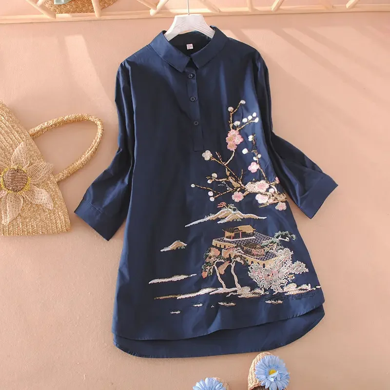 Пуловер средней длины с цветочной вышивкой в этническом стиле рубашка-поло