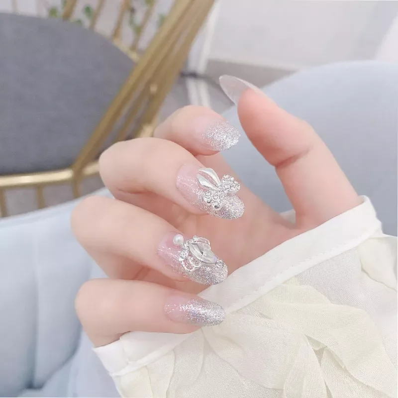 

NEW2023 3D Fake Nail Art Girls Fashion Shining Rhinestone Full Nails Tips Flowers Printing Bride Wedding Nails Tips With Glue