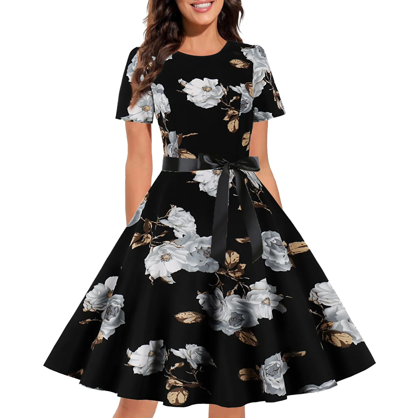 

Women's Vintage Print Cocktail Dresses Short Sleeve Swing Party Dresses Big Swing Puffy Summer Dresses for Women