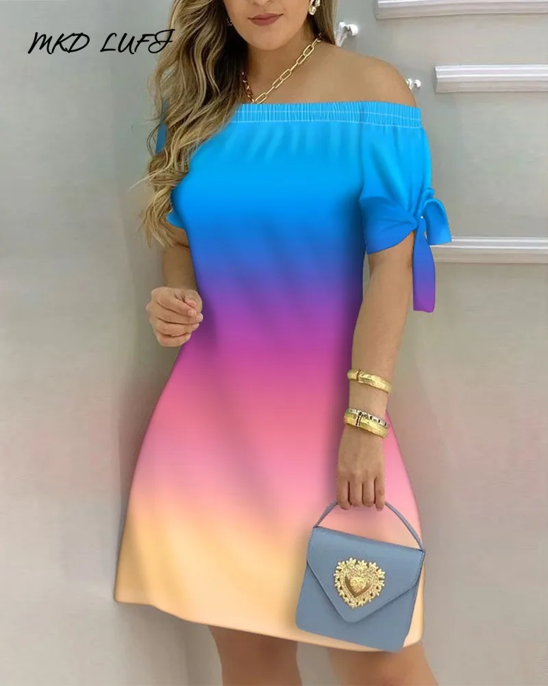 

MKD LUFI Ombre Colorblock Off Shoulder Tie Detail Casual Dress Women