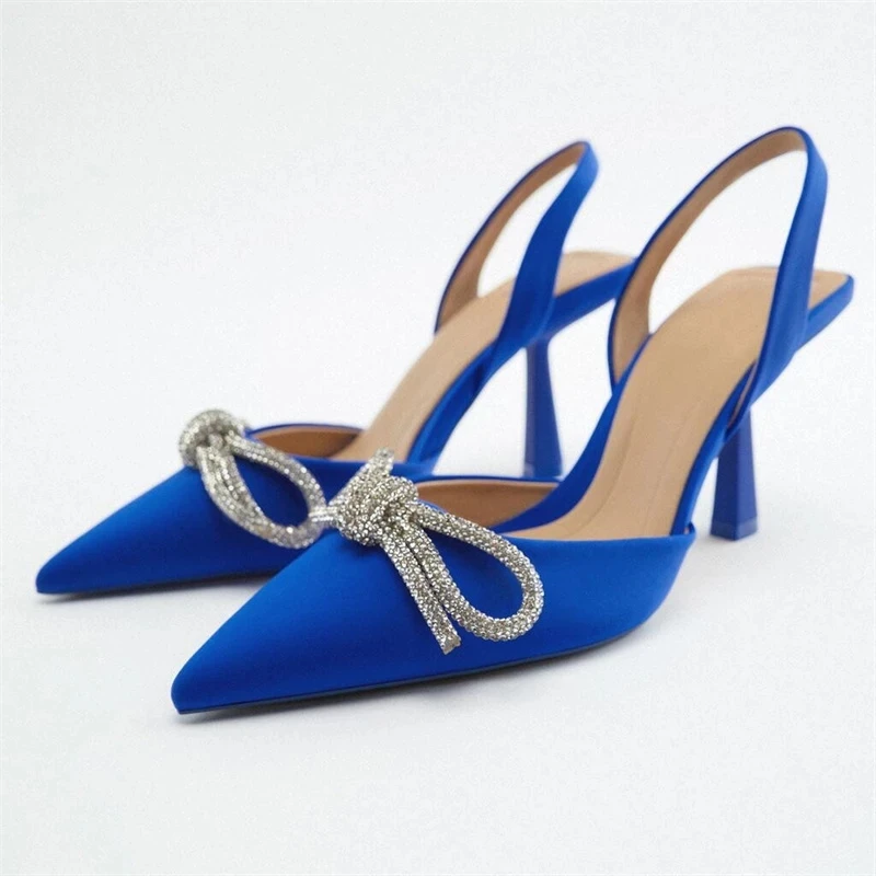 

ZA Blue Sandals Woman Summer 2022 Luxury Bow Rhinestones High Heels Sexy Slingbacks Party Pumps Women Elegant Heeled Sandals