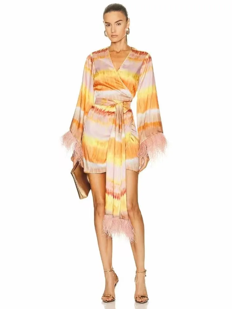 

2023 printed apron feather trumpet sleeve strap dress