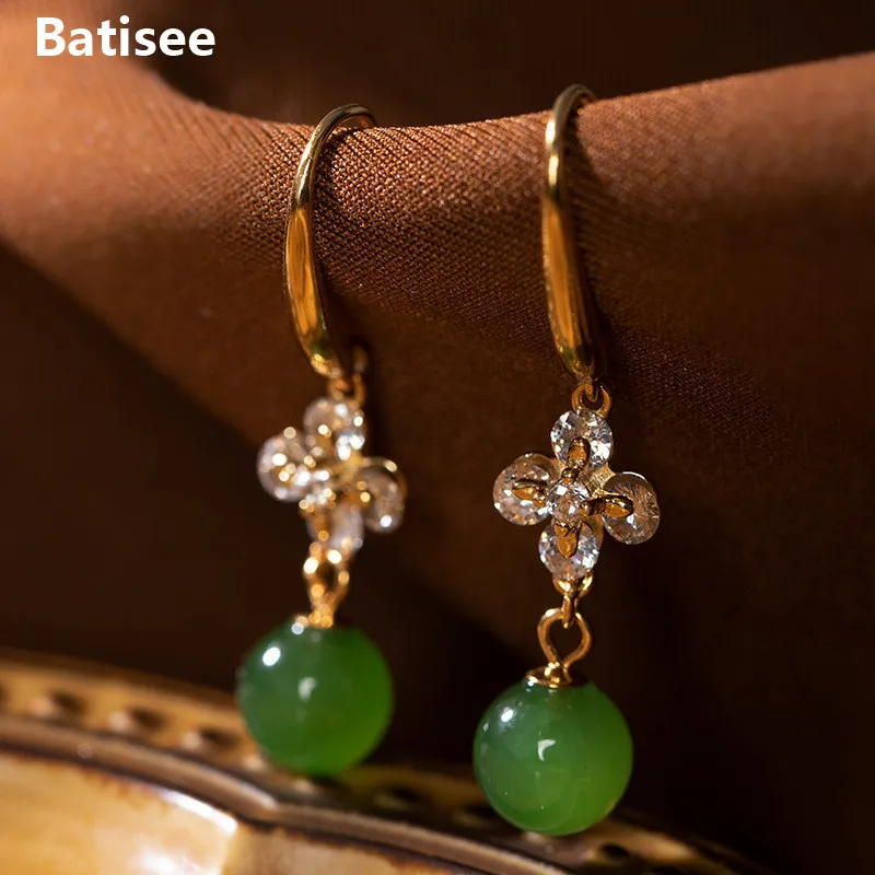 

Bastiee S925 Sterling Silver Gilded Earrings Jasper Round Beads Personalized Temperament Women's Classic Brincos Envio Gratis