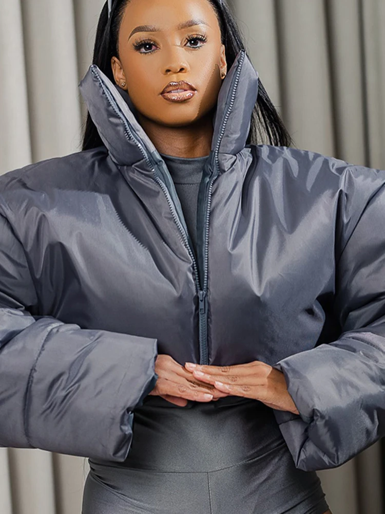 

Winter Stand Collar Short Jacket For Women 2022 Long Sleeve Zip Up Gray Warm Puffer Parkas Bubble Coats Streetwear