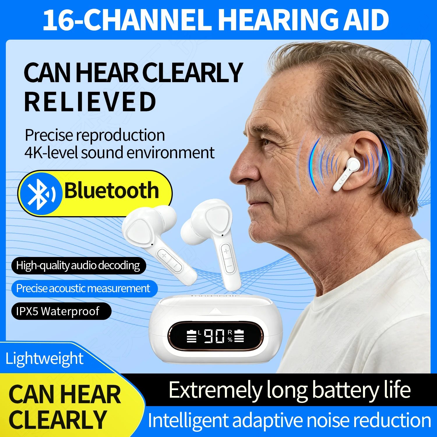 Фото Слуховые аппараты 16-канальные, перезаряжаемые, Bluetooth, водонепроницаемые IPX5, с шумоподавлением, для пожилых людей с потерей слуха (аудифоны) №1