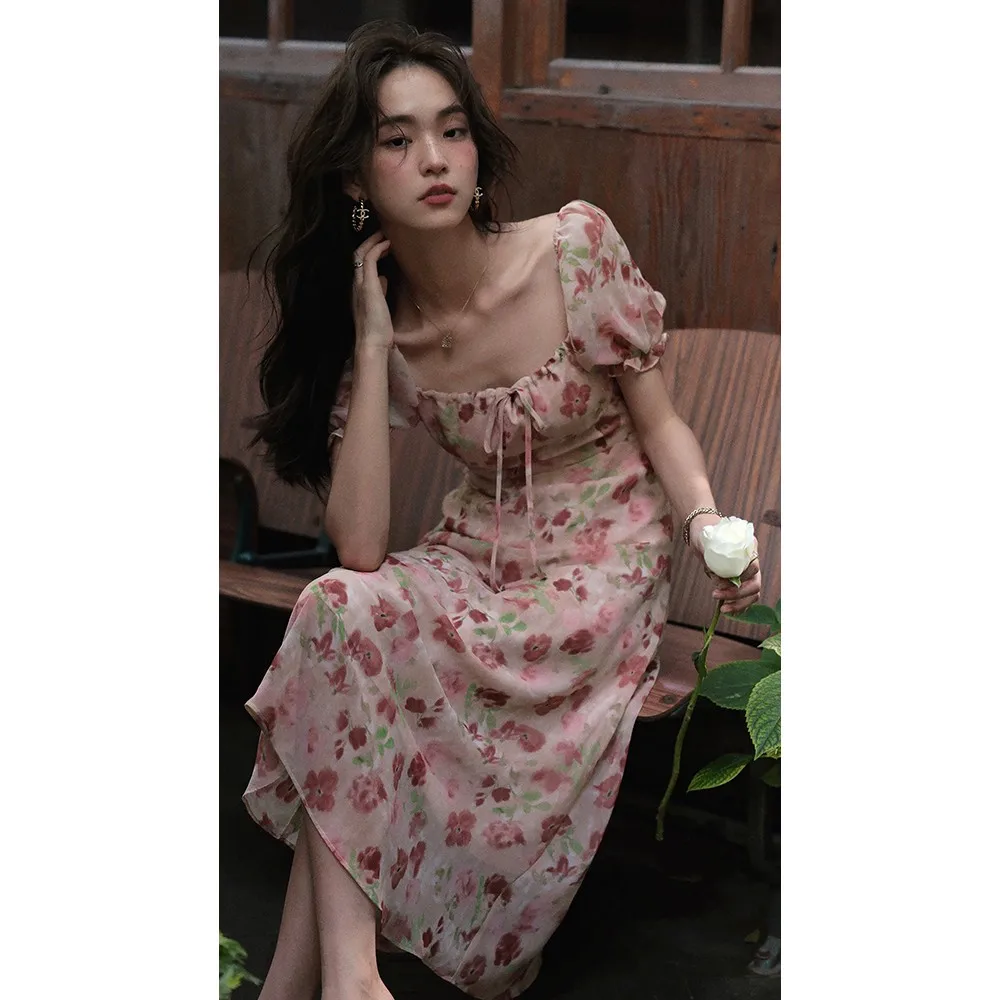

Floral Print Dress Sweet Square Neck Puff Sleeve Lace Up Maxi Dresses for Women Party Chic Casual Outfits