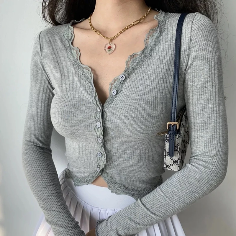 

Women's T-Shirt Sexy V-neck V-Neck Lace Patchwork Women's T-Shirt Women's T-Shirt Slim Slim Button K-Shirt Grey Autumn Thin Long