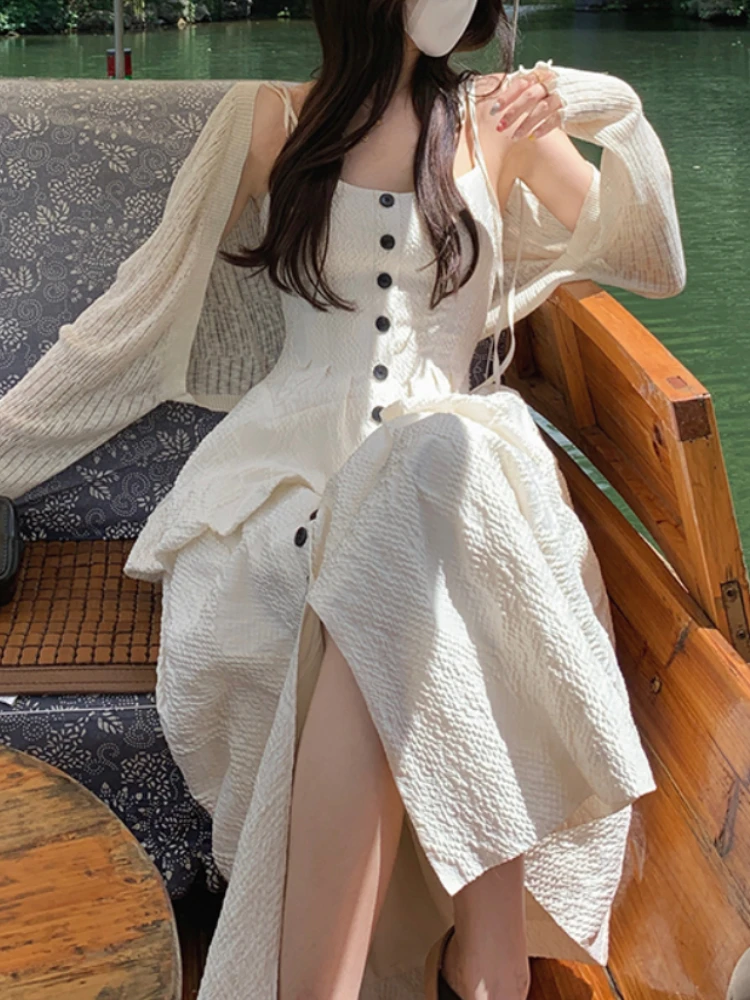 

Vintage Strap Dress Women Beach Style Sleeveless Retro Midi Dress Even Party Elegant Women Outwear Korean Dress 2022 Summer Chic