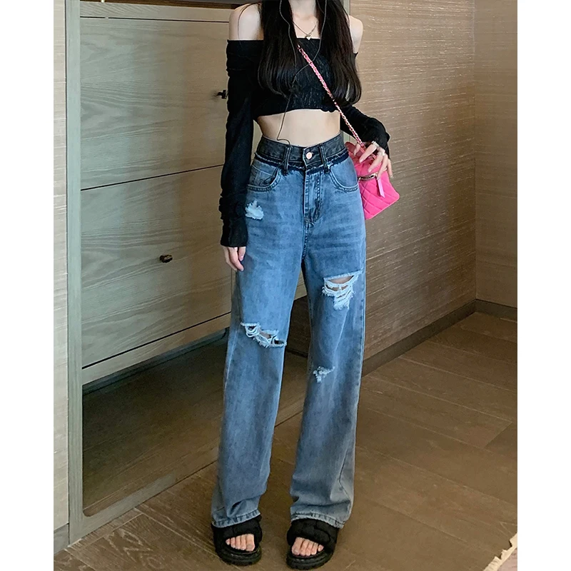 

Women's Blue Ripped Jeans Vintage Patchwork Straight Slit High Waist Casual Wide Leg Pants Baggy Denim Trouser Ladies Summer