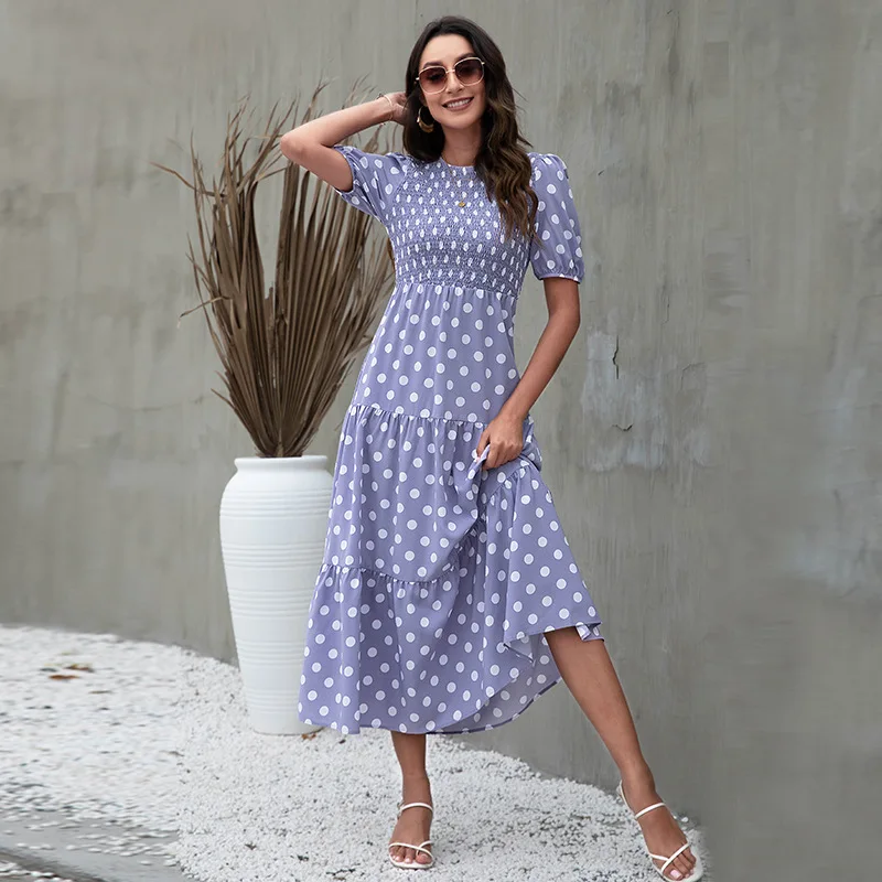 

Летнее платье с круглым вырезом и пышными рукавами, платье на шнуровке с принтом в горошек, длинное платье, повседневное элегантное платье, 2022