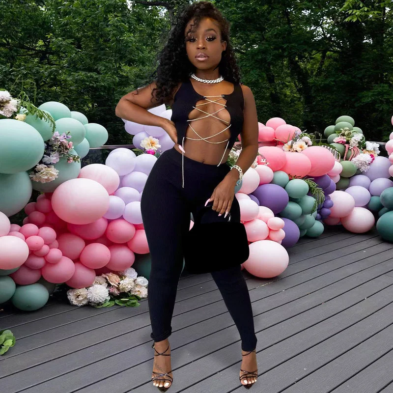 

Комплект из двух предметов WUHE со шнуровкой, женский сексуальный укороченный топ с вырезами и узкие брюки, 2023, костюмы для ночного клуба, вече...